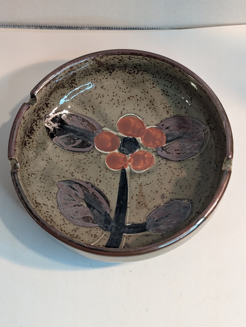 Vintage Otagiri Ashtray Stoneware Orange Floral MCM Brown Speckled  Round